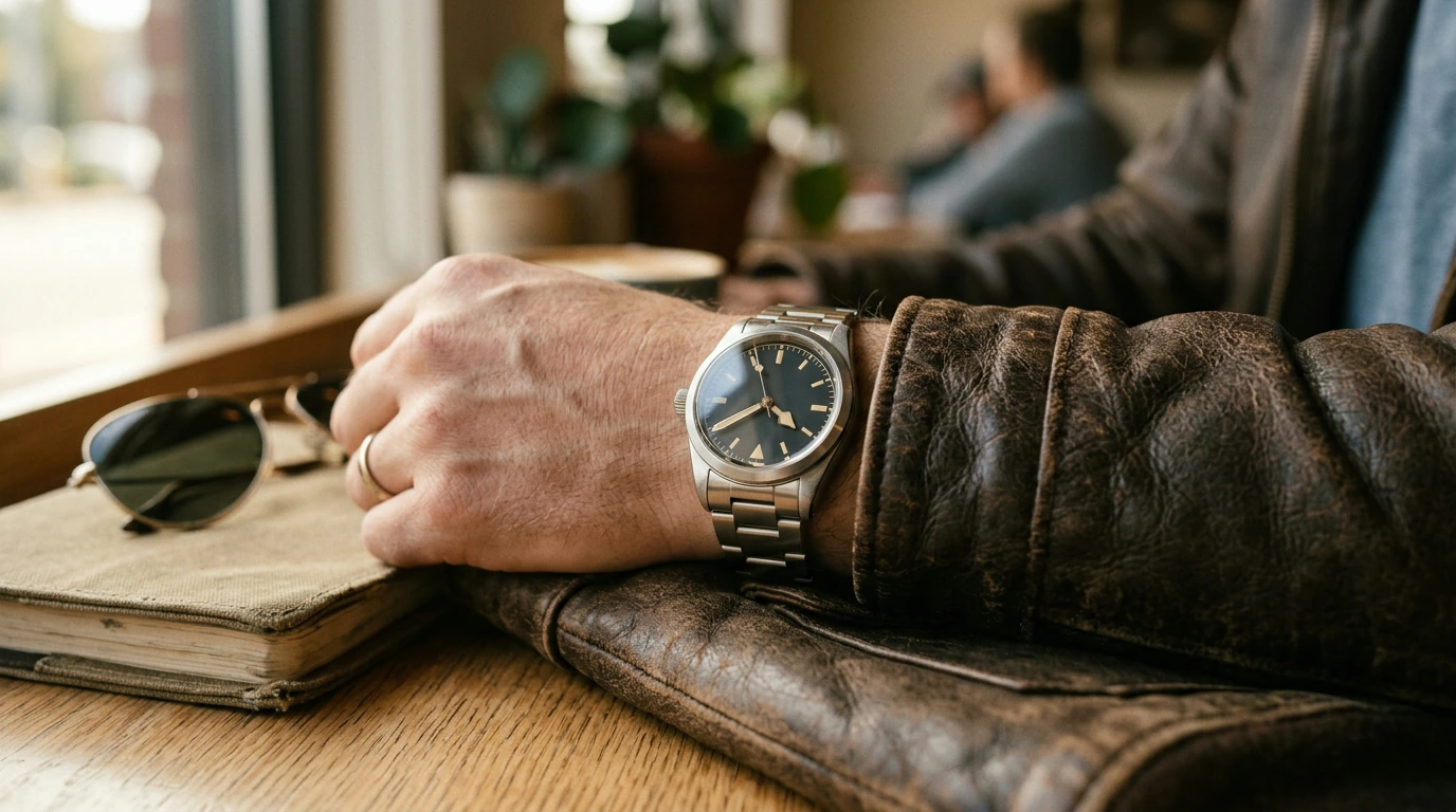 38.5mm Vintage Pilot Auto Watch: Retro Lume, Steel Band