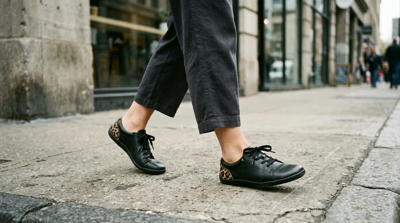 Black Leopard Leather Lace-Up Flats: Round-Toe Comfort