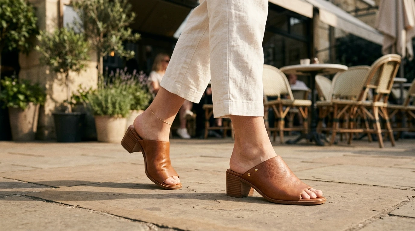 Rivet-Detail Genuine Leather Mid-Heel Mule Sandals