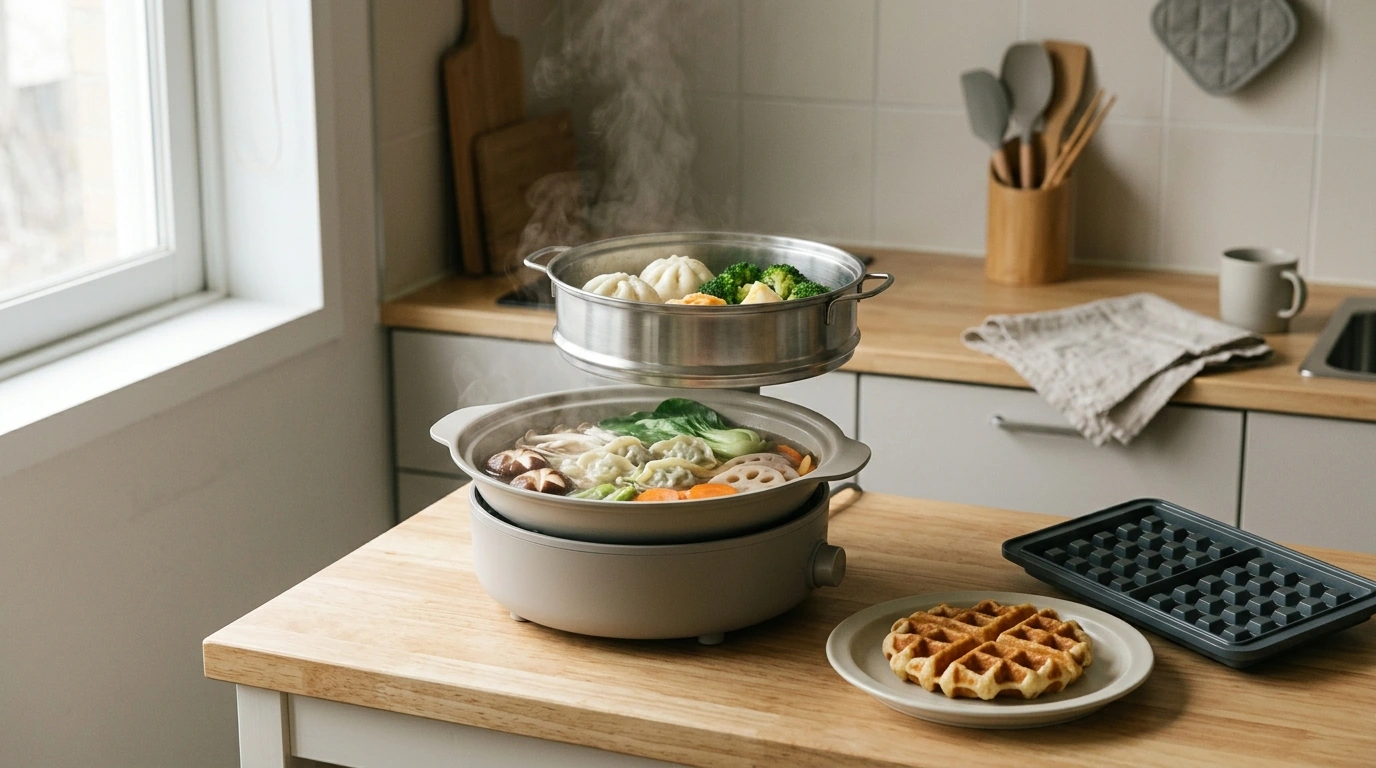 Waffle, Hot Pot & Steamer Cooker for Small Kitchens