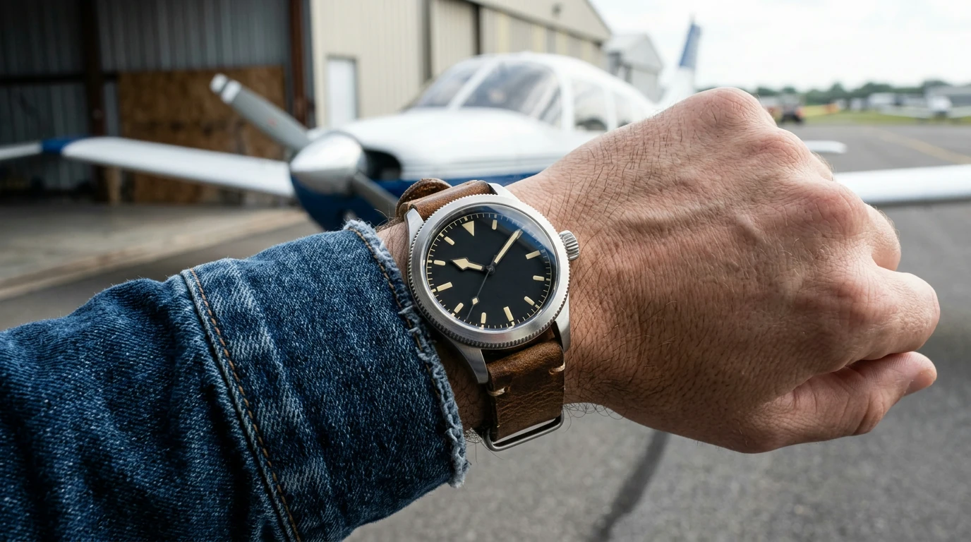 38.5mm Retro Automatic Pilot Watch: Sapphire & Coin Bezel