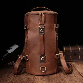 Vintage Leather Bucket Backpack for Men – Stylish Travel Daypack