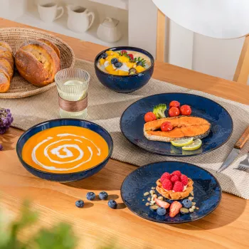 Blue Floral-Embossed Stoneware Dinner Set (16-Piece)